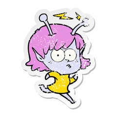 distressed sticker of a cartoon alien girl