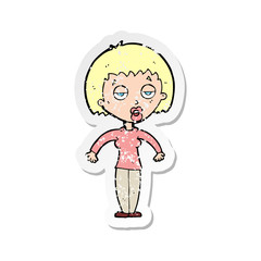 retro distressed sticker of a cartoon woman shrugging shoulders