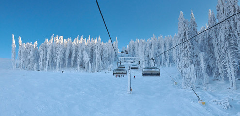 Chair lift in Poiana Brasov ski resort, Skiers and snowboarders enjoy the ski slopes in Poiana Brasov winter resort whit forest covered in snow on winter season