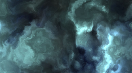 Fototapeta na wymiar Stormy blue and cyan clouds in a nebula in space, slowly moving, forming and dissolving,