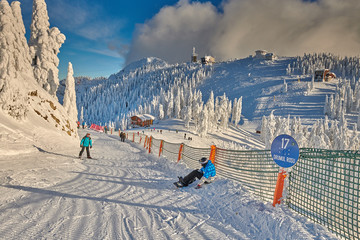 Poiana Brasov, Romania -16 January 2019: Skiers and snowboarders enjoy the ski slopes whit forest...