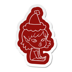pretty cartoon  sticker of a elf girl wearing santa hat