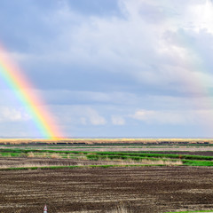 Rainbow, a view of the landscape in the field. Formation of the