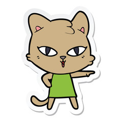 sticker of a cartoon cat in dress pointing