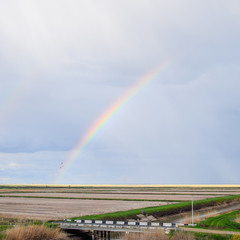 Rainbow, a view of the landscape in the field. Formation of the