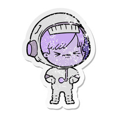 distressed sticker of a cartoon astronaut woman