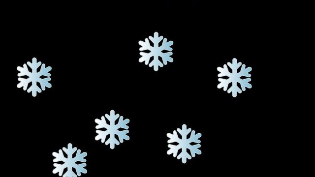 Animation cartoon flat style of light blue and white snowflakes falling from above and disappearing on the bottom. Alpha channel included