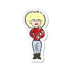 retro distressed sticker of a cartoon worried woman