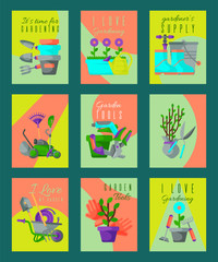 Garden tools card set vector illustration. It s time for gardening. Gardener supply. I love my garden. Wheelbarrow, trowel, fork hoe, boots, gloves, shovels and spades, lawn mower.