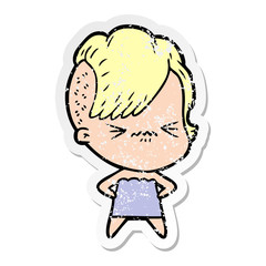 distressed sticker of a cartoon annoyed hipster girl