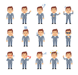 Obraz na płótnie Canvas Set of businessman characters showing diverse emotions, actions. Funny businessman laughing, crying, surprised, angry, dazed, in love, sleeping and showing other emotions. Simple vector illustration