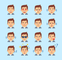 Set of funny businessman emoticons showing diverse facial expressions. Happy, sad, angry, surprised, dazed, tired, sleep, laugh and other emotions. Simple vector illustration