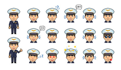 Set of airline pilot emoticons. Funny captain emojis showing various facial expressions. Happy, sad, smile, laugh, shocked, tired, angry, dazed, sleepy and other emotions. Simple vector illustration