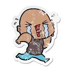 distressed sticker of a cartoon crying bald man