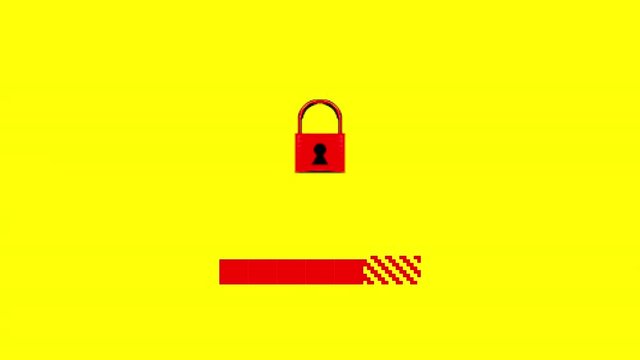 An 8-bit progress bar showing the completion of a decoding task, with a lock icon switching to the unlocked status. Yellow background.