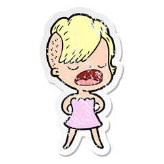 distressed sticker of a cartoon cool hipster girl talking