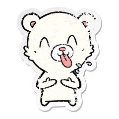 distressed sticker of a rude cartoon polar bear sticking out tongue