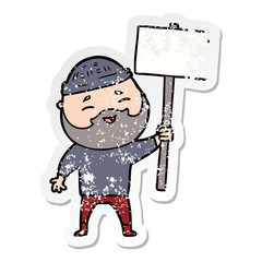 distressed sticker of a cartoon happy bearded man