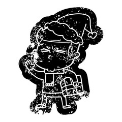 cartoon distressed icon of a man sweating wearing santa hat