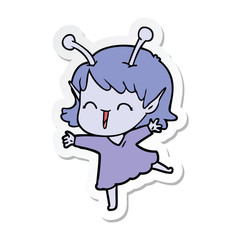 sticker of a cartoon alien girl laughing