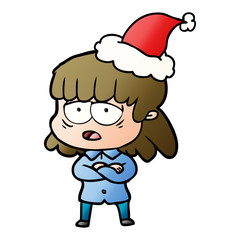 gradient cartoon of a tired woman wearing santa hat