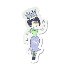 retro distressed sticker of a cartoon vampire queen waving