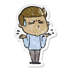 distressed sticker of a cartoon man sweating