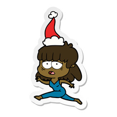 sticker cartoon of a tired woman wearing santa hat