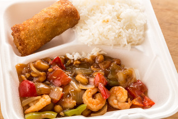 Kung Pao Shrimp with Steamed Rice and Spring Roll in Takout Box