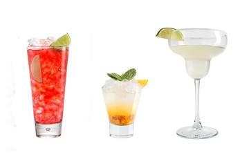 A variety of alcoholic drinks, beverages and cocktails on a white background. Three refreshing different drinks.