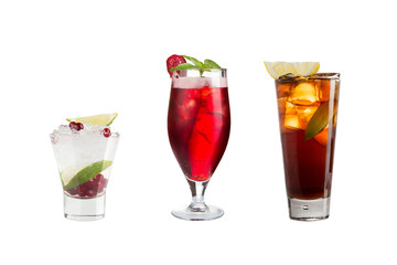 A variety of alcoholic drinks, beverages and cocktails on a white background. Three refreshing different drinks with original decoration.