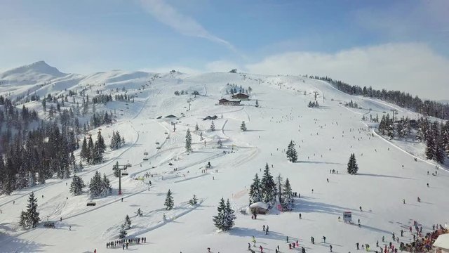 A perfect slope in the French Alps, Flachau, Austria. 4K Aerial Drone