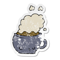 distressed sticker of a cute cartoon coffee cup