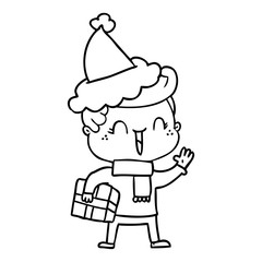 line drawing of a laughing boy wearing santa hat