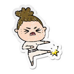distressed sticker of a cartoon angry woman