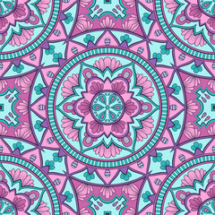 Decorative colorful ethnic seamless pattern for fabric or wrapping in oriental style. Hand drawn illustration