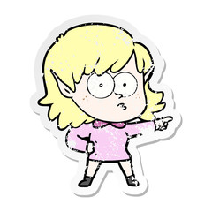 distressed sticker of a cartoon elf girl staring and pointing