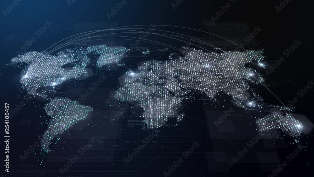 Fototapete Futuristic global broadband internet communication between cities around the world with matrix particles continent map for head up display background