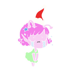 flat color illustration of a crying alien girl wearing santa hat
