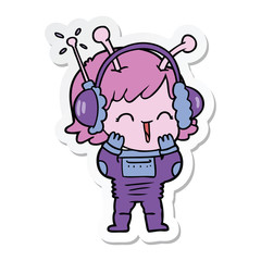 sticker of a cartoon alien girl listening to music