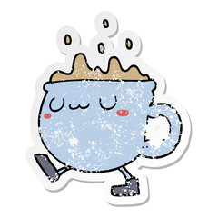 distressed sticker of a cartoon coffee cup walking