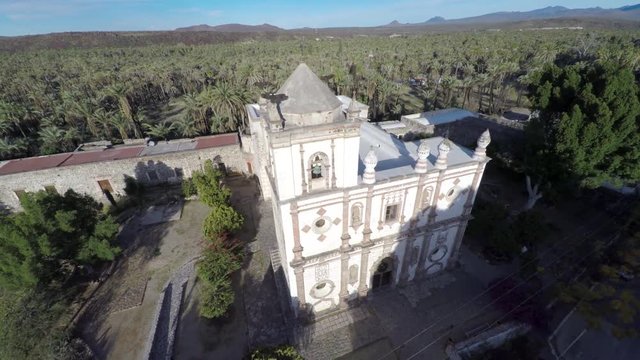 Aerial drone shot of the Jesuit Mission San Ignacio, Muleg&eacute; Municipality,Baja California Sur