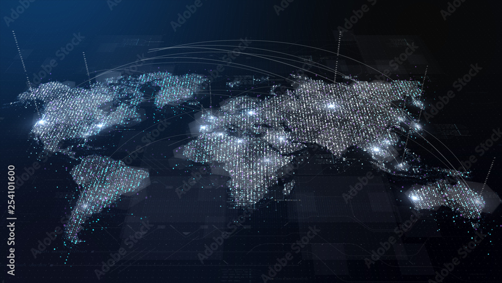 Aufkleber futuristic global broadband internet communication between cities around the world with matrix parti