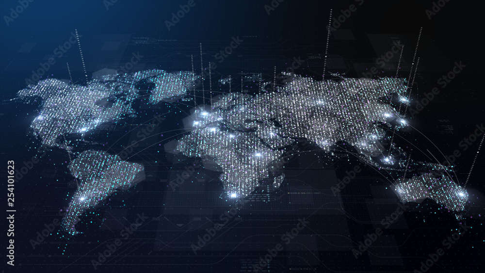 Fototapete Futuristic global broadband internet communication between cities around the world with matrix particles continent map for head up display background