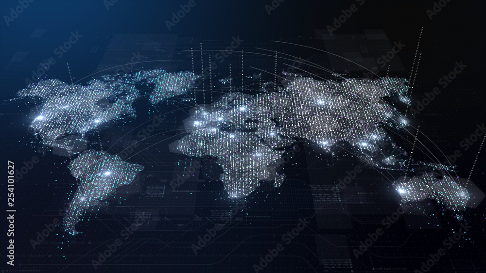 Aufkleber futuristic global broadband internet communication between cities around the world with matrix parti