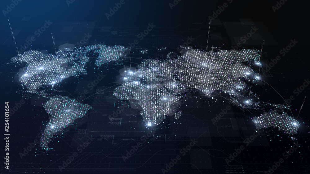 Poster Futuristic global broadband internet communication between cities around the world with matrix particles continent map for head up display background