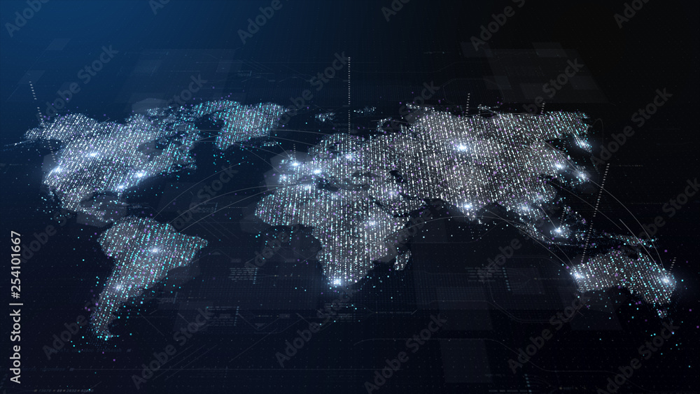 Leinwandbilder Futuristic global broadband internet communication between cities around the world with matrix particles continent map for head up display background