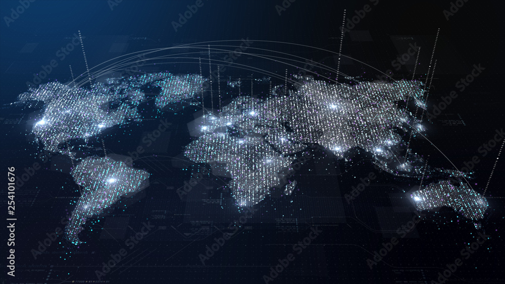 Aufkleber Futuristic global broadband internet communication between cities around the world with matrix particles continent map for head up display background