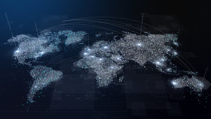 Futuristic global broadband internet communication between cities around the world with matrix particles continent map for head up display background