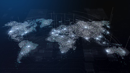 Futuristic global broadband internet communication between cities around the world with matrix particles continent map for head up display background